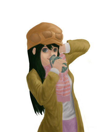 Woman yellow coat hat cell - digital art free wallpaper