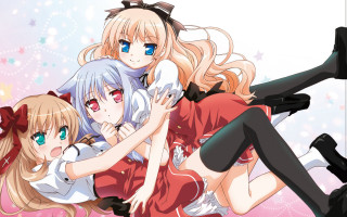 Anime blonde bluehairs hugging girls - front free wallpaper for desktop