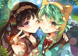 Anime girls kissing woods together - half body free wallpaper