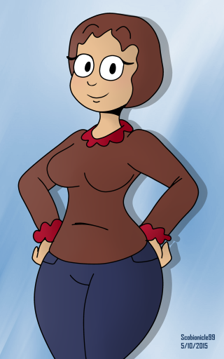 Cartoon woman brownshirt bluepants redbow - a red bow tie free wallpaper