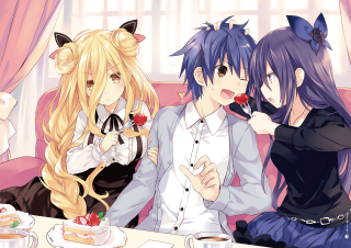 Anime girls table cake cat - tachisme free wallpaper for desktop