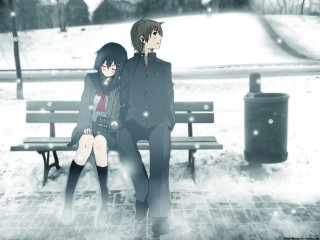 Couple bench snow trash canister - a trash free wallpaper