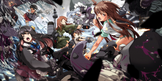 Anime characters waterfall rocks background - a scene free wallpaper