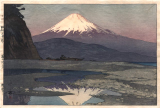 Mountain lake boat water painting - a woodcut free wallpaper