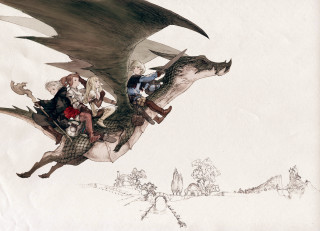 Group people riding dragon man - a drawing of a group free wallpaper