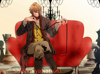 Man red chair chandelier chessboard - alvan fisher free wallpaper