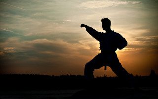 Karate man sunset arms out - action pose free wallpaper
