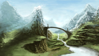 Bridge river mountain landscape trees - matte fantasy painting free wallpaper