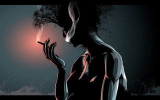 Woman smoking cigarette dark room 2 - a red light in the middle free wallpaper
