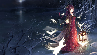 Woman red dress lantern snow - her free wallpaper
