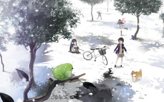 Park people dog snow cat - a painting of a park free wallpaper
