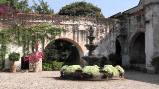 Fountain courtyard potted plants flowers - arthouse free wallpaper