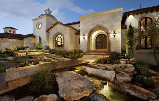 House pond stone walkway nighttime - rembrandt free wallpaper