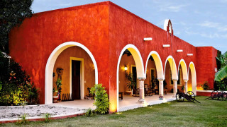 Red building arches lawn bench - arch free wallpaper
