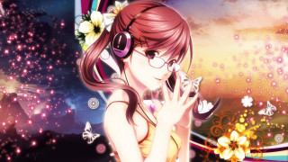 Girl headphones flower hair cell - a character portrait free wallpaper