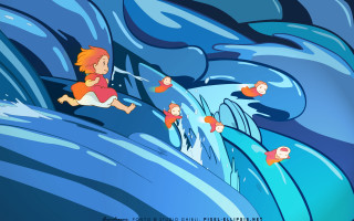 Boy surfing wave fish girl - 2 d game art free wallpaper