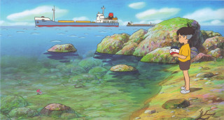 Cartoon girl rocky shore ship - a rocky shore free wallpaper