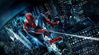 Spider man flying city night 2 - the air over a city free wallpaper