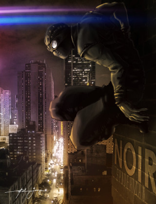 Man jumping city night neon - over a city free wallpaper