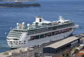Cruise ship docked harbor city - international typographic style free wallpaper