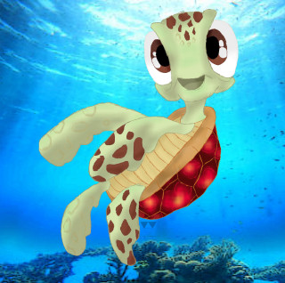 Cartoon turtle swimming red ball - its mouth free wallpaper