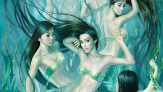 Women bikinis swimming mermaid man - three woman free wallpaper
