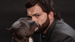 Bearded man kissing shiba inu - a beard and a beard free wallpaper