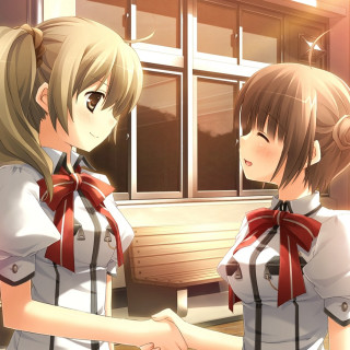 Anime girls window bench standing - near free wallpaper