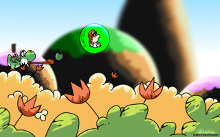 Green bird flying hill flowers - a cartoon free wallpaper