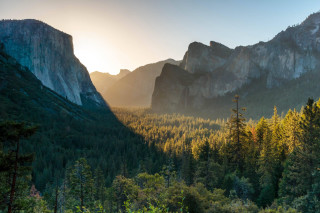 Mountain range forest sunset trees - anamorphic free wallpaper