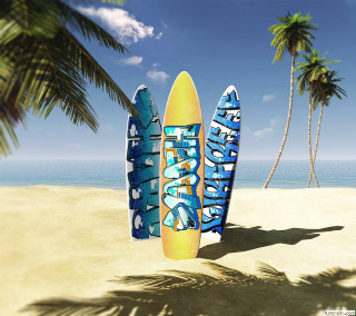 Surfboard sand ocean palm trees - near free wallpaper