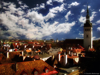 City church steeple cloudy sky - a matte painting free wallpaper for desktop