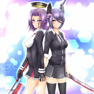 Anime girls sword armor backs - symetrical free wallpaper