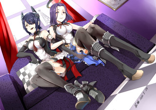 Anime girls couch sitting crossed - a costume free wallpaper