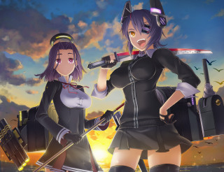 Anime girls swords suitcase adventure - a sunset free wallpaper