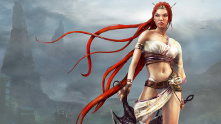 Woman red hair horns sword - epic fantasy free wallpaper