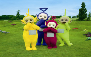 Five cartoon characters field grass - a blue sky in the background free wallpaper for desktop