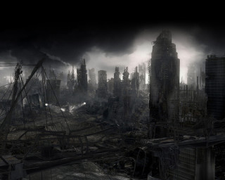 City buildings smoke train tracks - a train free wallpaper