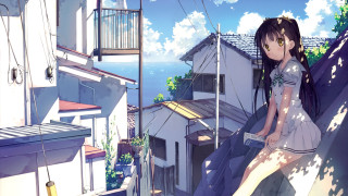 Girl sitting on ledge ocean - a ledge in front free wallpaper
