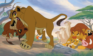 Cartoon lions trees clouds blue - a cartoon scene free wallpaper