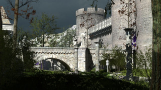 Castle bridge statue trees dark - a dark sky free wallpaper