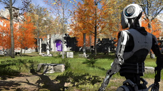 Futuristic man graveyard purple door - unreal engine 5 free wallpaper