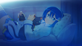 Girl bed cat lap looking - bed free wallpaper