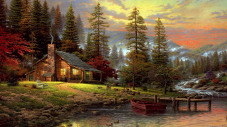 Cabin lake boat mountain painting 2 - the water and a mountain in the background free wallpaper