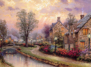 River bridge village flowers trees - flower and trees free wallpaper