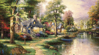 Lake house boat person walking - edward lamson henry free wallpaper