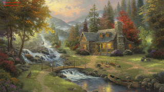 Cabin stream boat bridge painting - a painting of a cabin free wallpaper