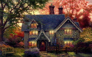 House bench trees flowers painting - a painting of a house free wallpaper