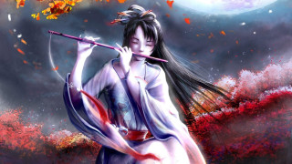 Woman kimono flute tree leaves - chen yifei free wallpaper