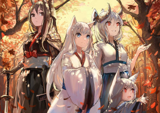 Women trees sword group standing - free autumn wallpaper for desktop